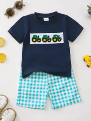 Navy tractor applique baby set with turquoise gingham shorts