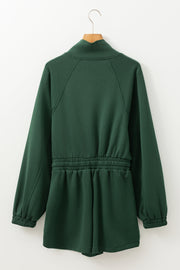 Dark green drawstring waist romper with funnel neck and elasticated cuffs.