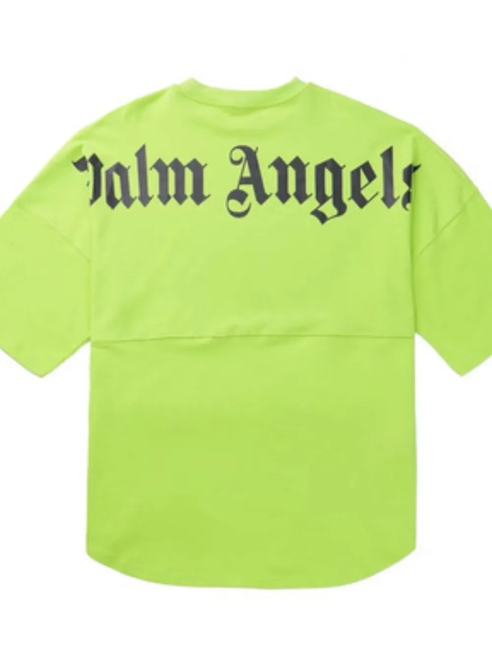Neon green oversized tee with black gothic logo print on back.