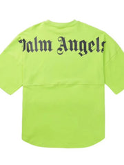 Neon green oversized tee with black gothic logo print on back.