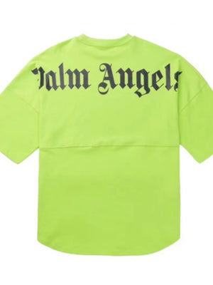 Neon green oversized tee with black gothic logo print on back.