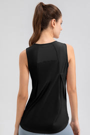 Black mesh panel performance tank top with a rounded neckline and subtle pleating detail.