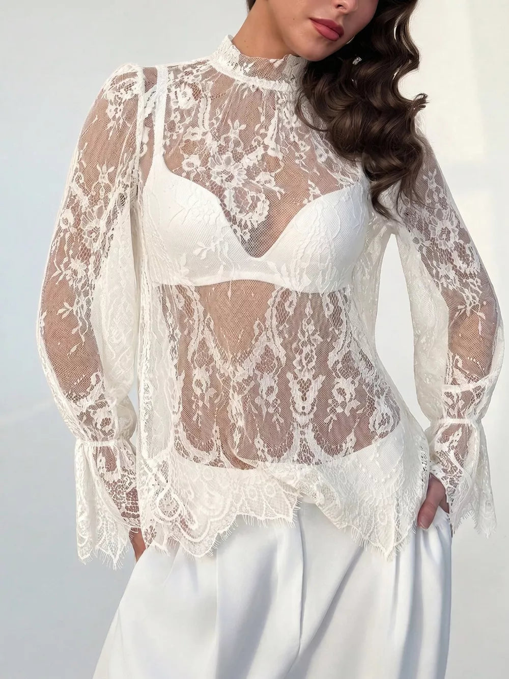 Lace Flounce Sleeve Top in Black, back view