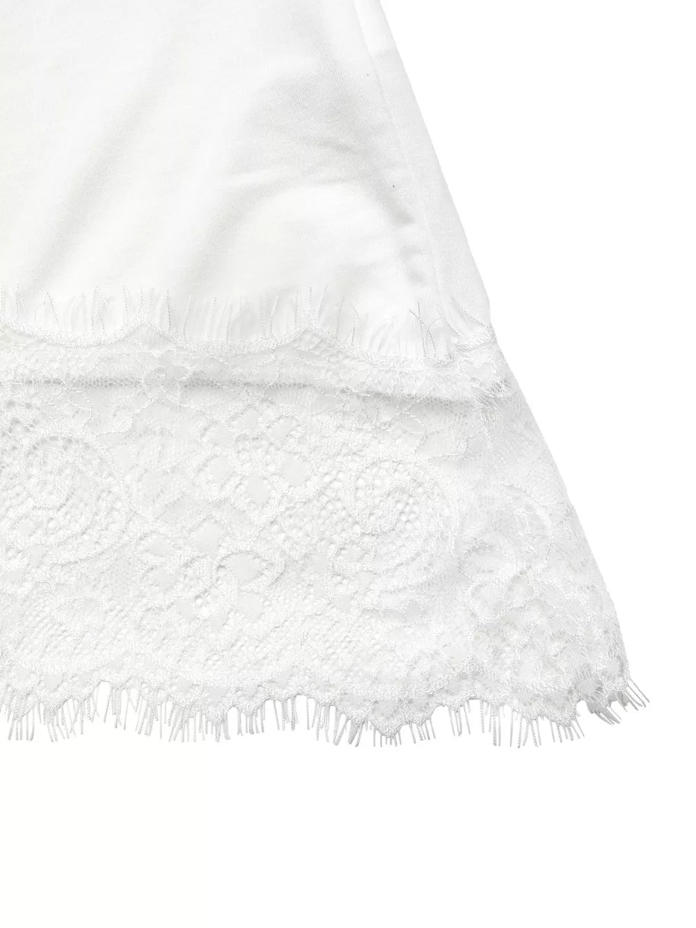White tee with lace trim detail and scalloped hem.