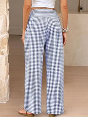 Blue plaid maternity pants with smocked waistband and wide legs.