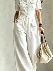 Denim Wide-leg Jumpsuit With Chest Pockets in Black, fabric detail