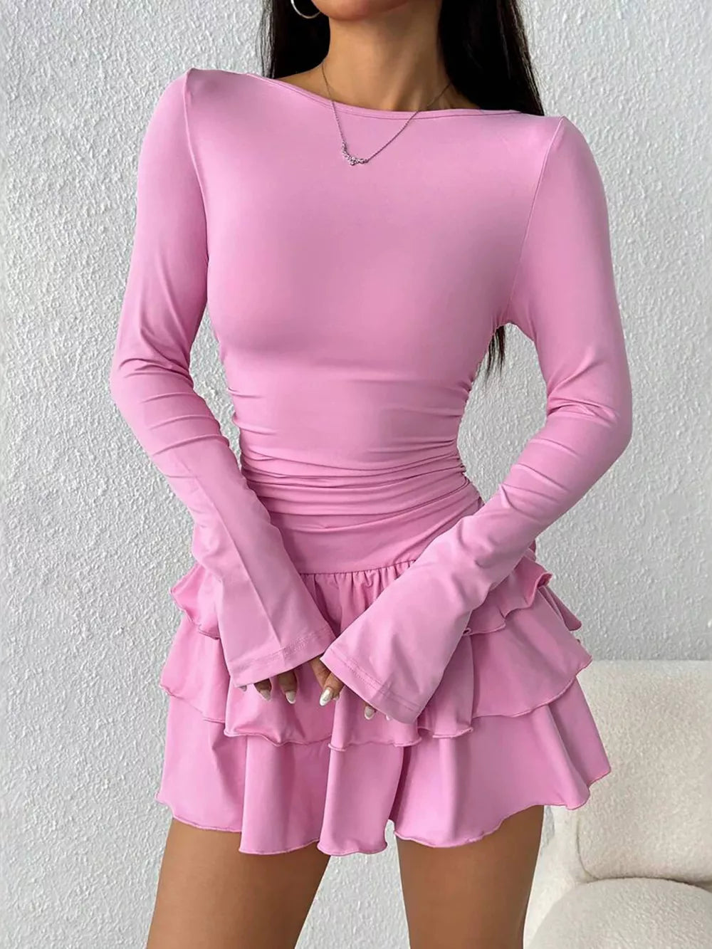 Ruched Long Sleeve Layered Ruffle Mini Dress in Red, view 19