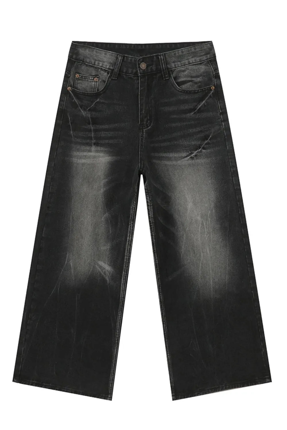 Whiskered wide leg denim jeans in dark wash with a relaxed fit and distressed details.