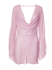 Pink sheer chiffon mini dress with draped cowl neck and backless detail.