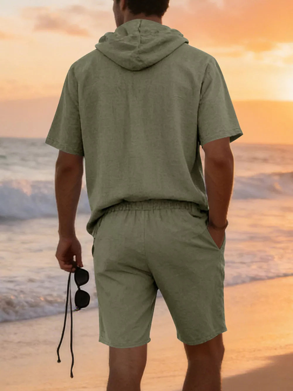 Men's Army Green Linen Blend Hooded Top and Shorts Set