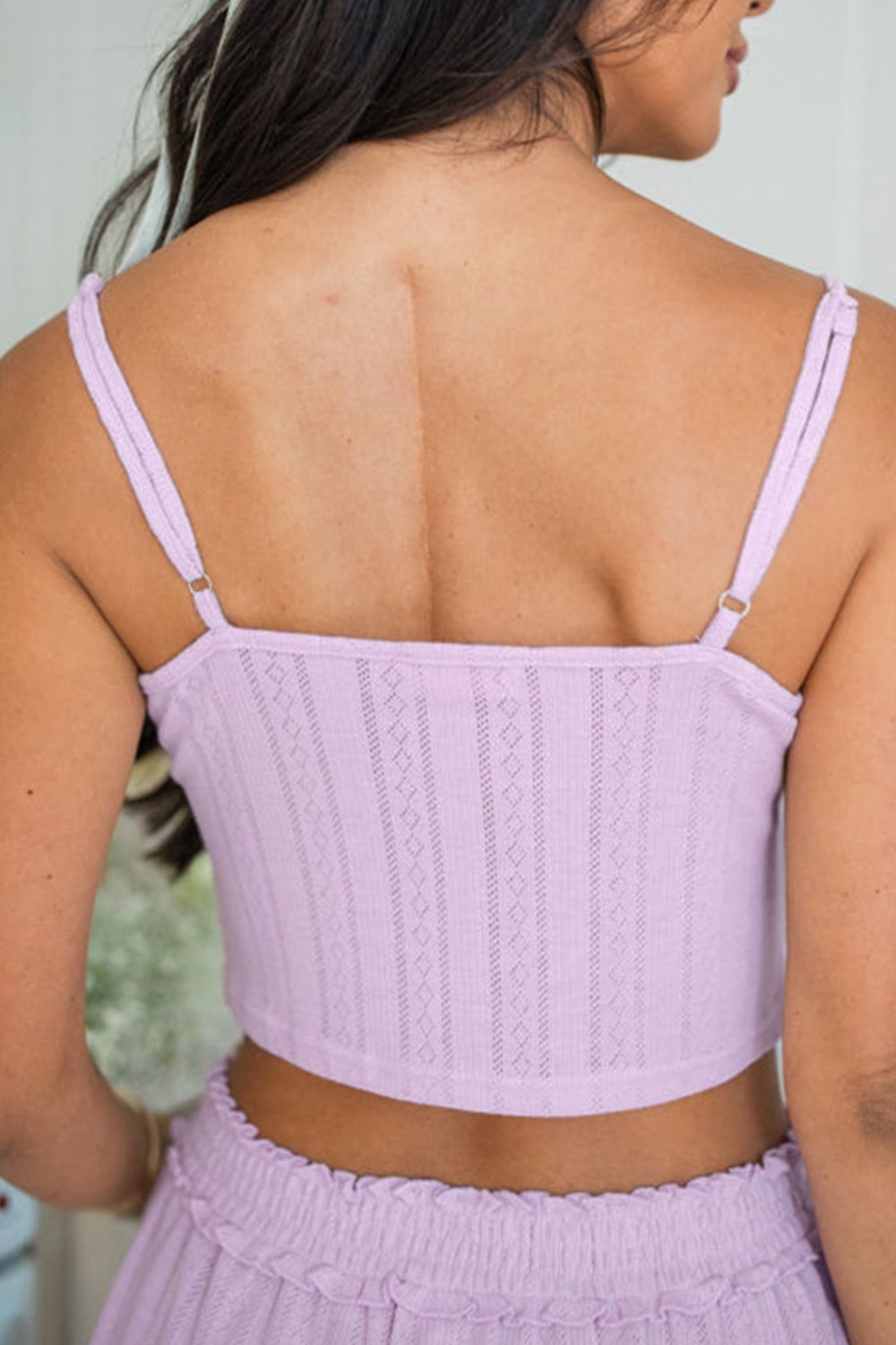 Lace trimmed knit lounge set crop top in Pink Purple with adjustable straps and eyelet detail.