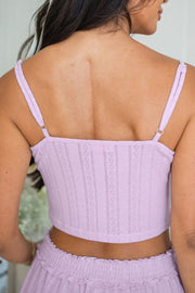 Lace trimmed knit lounge set crop top in Pink Purple with adjustable straps and eyelet detail.