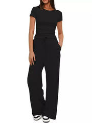 Ruched Short-sleeve Pants in Khaki Color, fabric detail