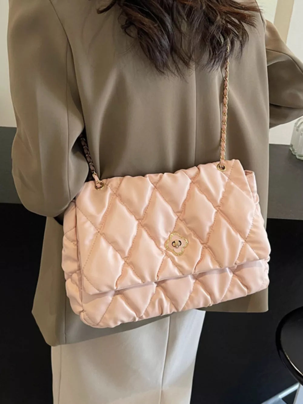Quilted Chain Shoulder Bag in Pink, side view