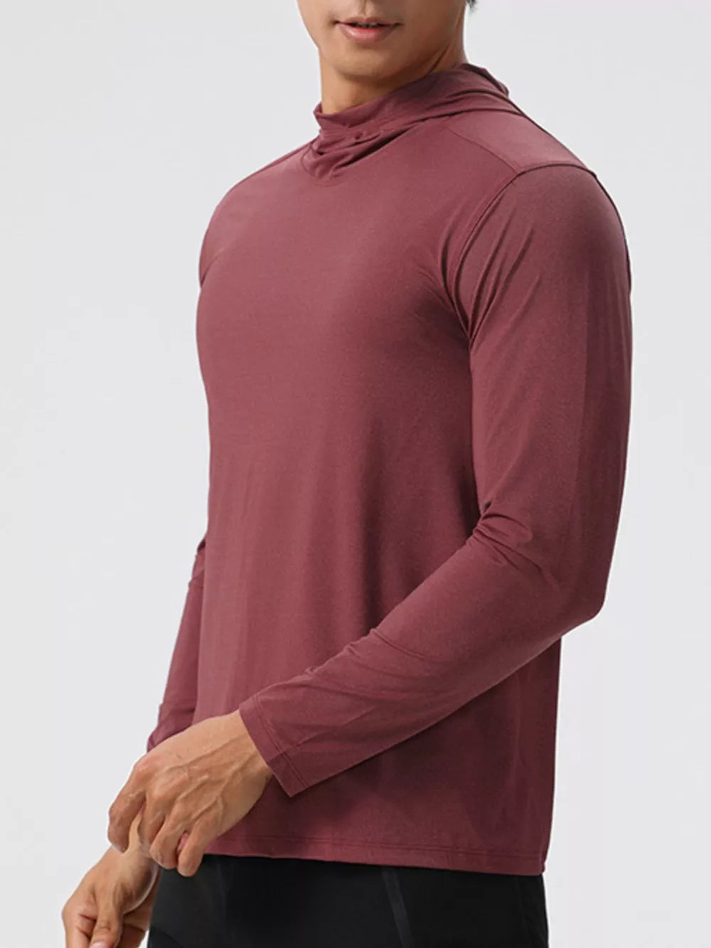 Men's long sleeve cotton hoodie in Dusty Pink with a cowl neck.