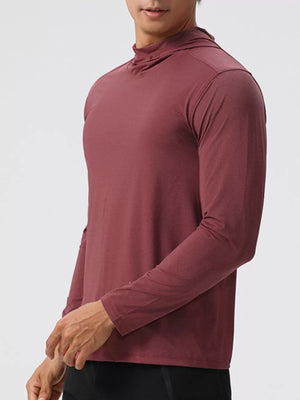 Men's long sleeve cotton hoodie in Dusty Pink with a cowl neck.