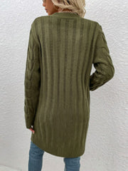 Army green cable knit button-down cardigan with ribbed texture and cable sleeves