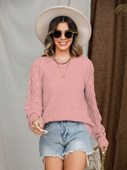 Dusty Pink Diamond-Cut Raglan Knit Sweater with open knit sleeves and V-neck.