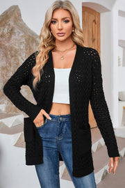 Black open-knit pocket cardigan with textured acrylic fabric and a relaxed fit.