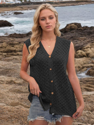 Black openwork button-down knit vest with V-neck and wooden buttons.