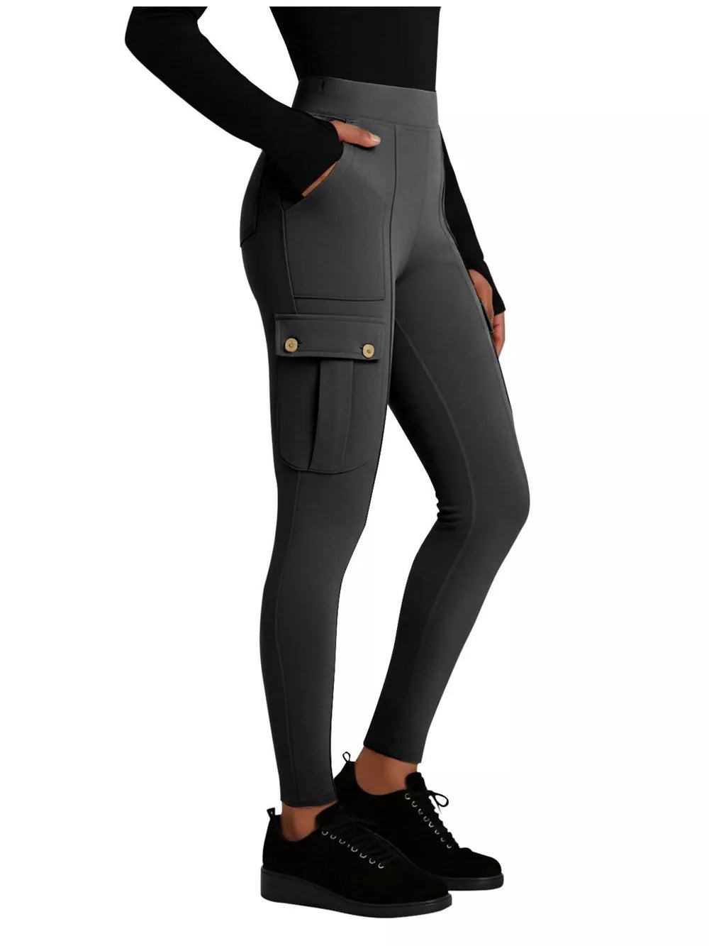 Gray active maternity pants with cargo pockets and button details.