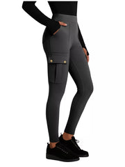 Gray active maternity pants with cargo pockets and button details.