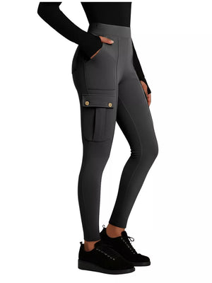 Gray active maternity pants with cargo pockets and button details.
