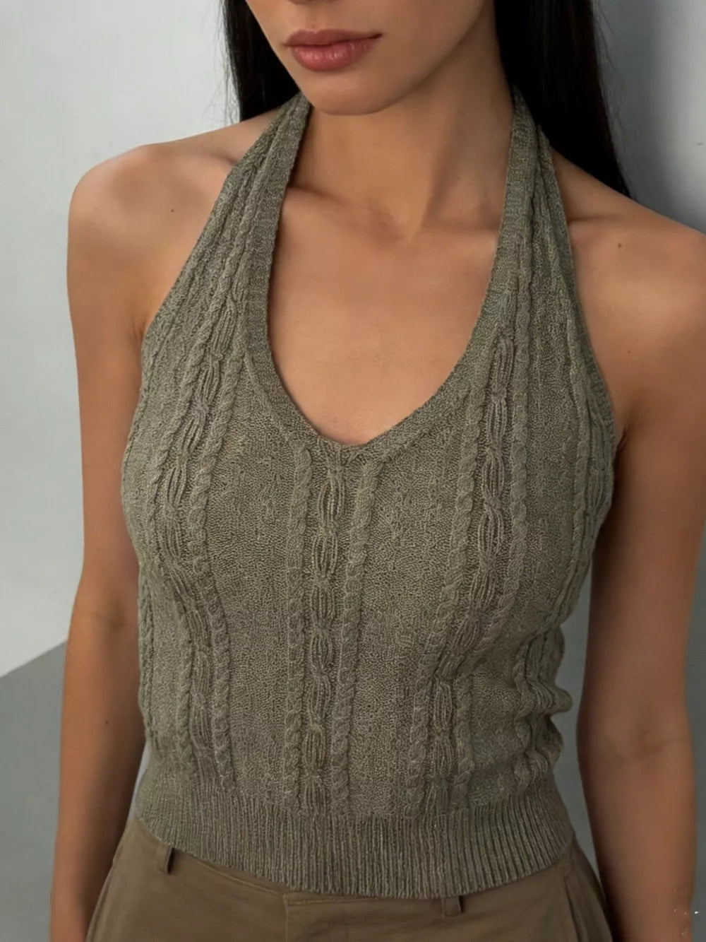 Army Green halter top featuring cable-knit and cable knit