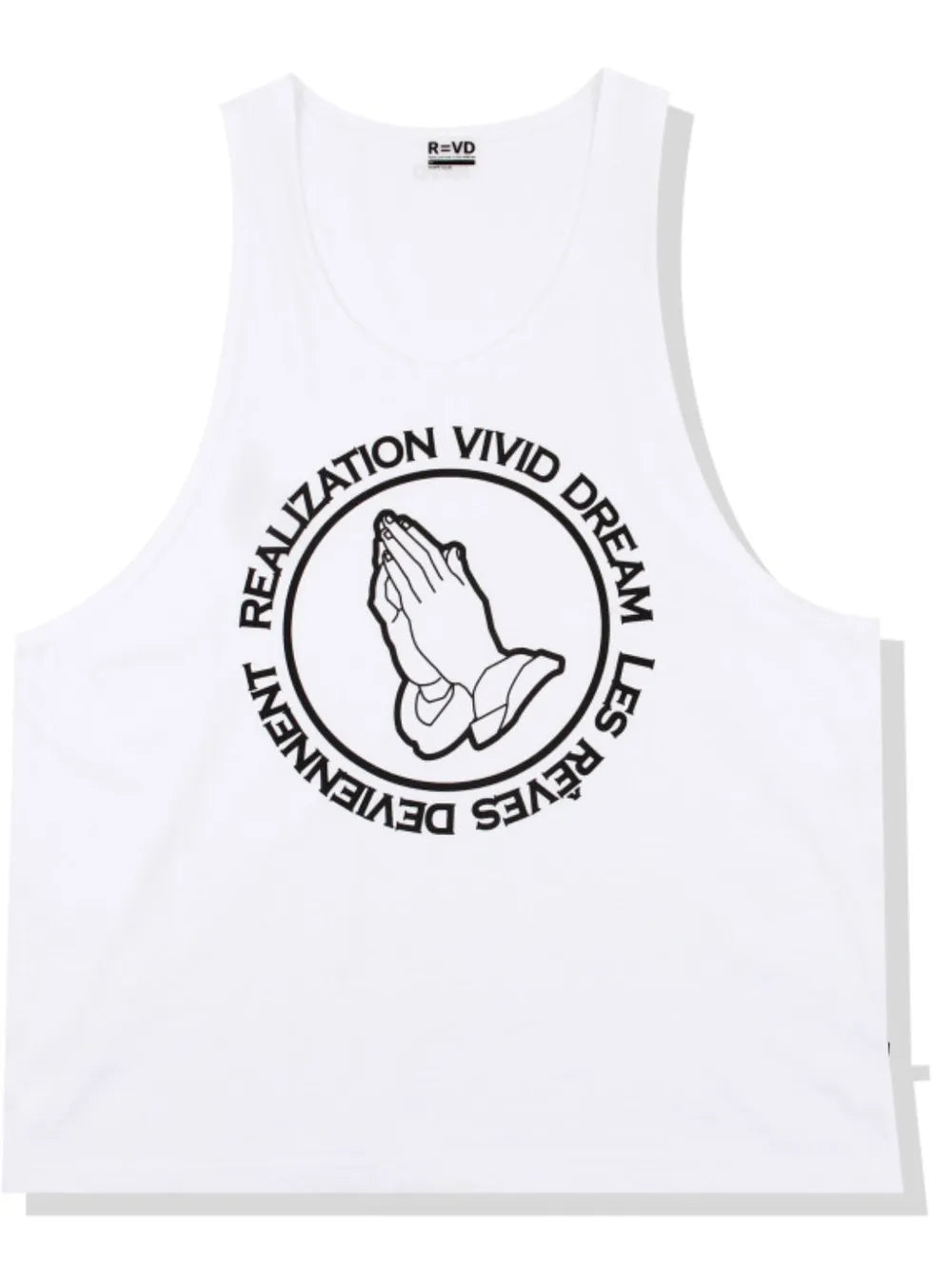 White tank top with praying hands graphic and circular text
