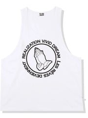 White tank top with praying hands graphic and circular text