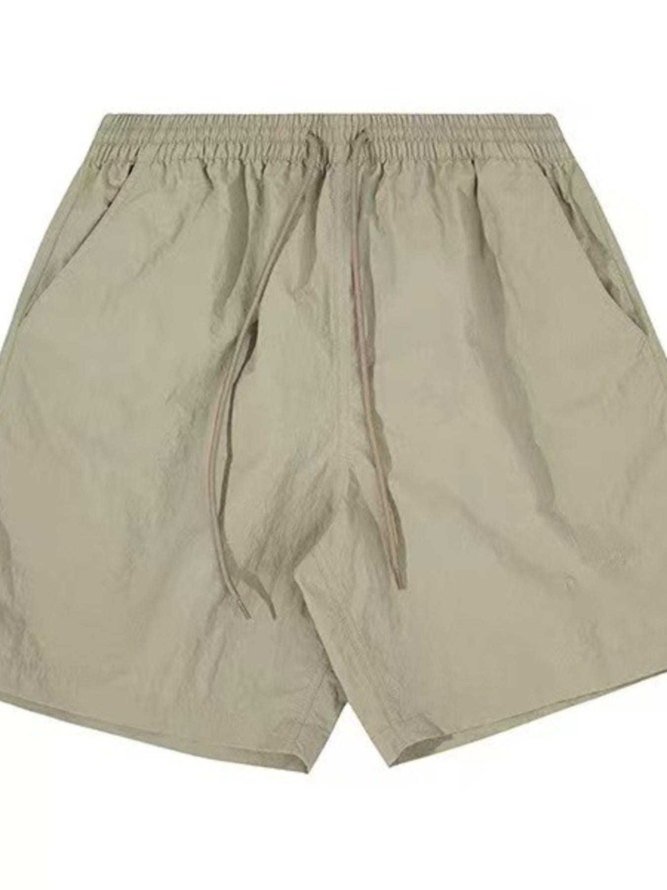 Men's sage lightweight drawstring shorts with elastic waist and side pockets.