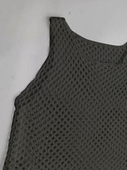 Black open-knit beach cover-up dress with a scoop neck and sleeveless design.