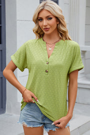 Light Green textured henley tee with rolled sleeves and button detail