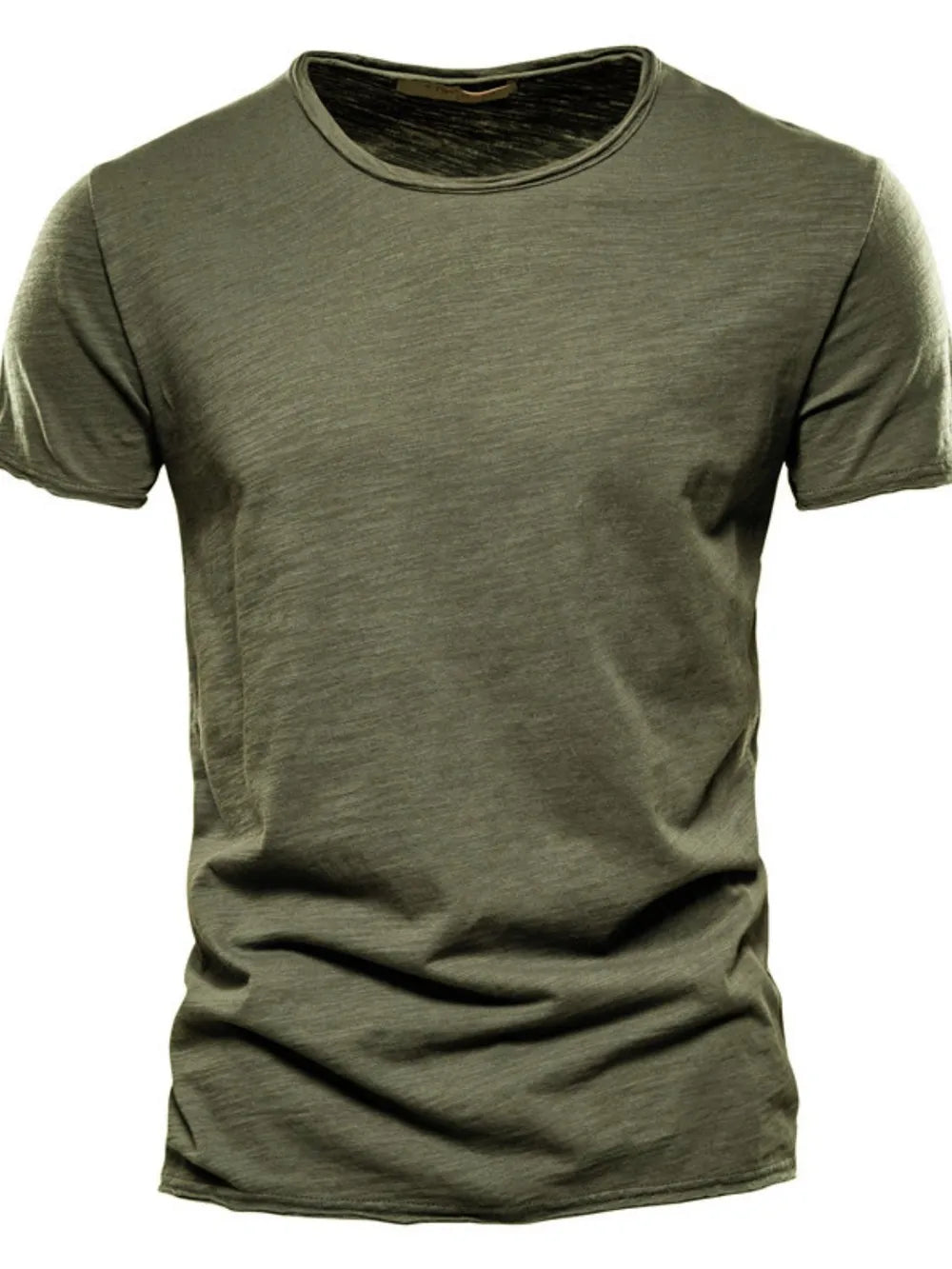 Army green slub cotton crewneck tee with textured slub fabric and short sleeves.