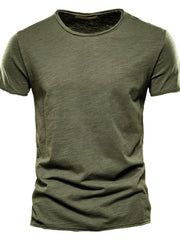 Army green slub cotton crewneck tee with textured slub fabric and short sleeves.