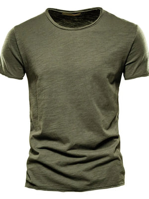 Army green slub cotton crewneck tee with textured slub fabric and short sleeves.