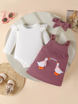 Plum purple dress with duck appliques and white ruffled bodysuit set.
