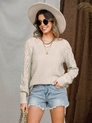 Diamond-cut raglan knit sweater in tan with diamond pattern on sleeves and yoke