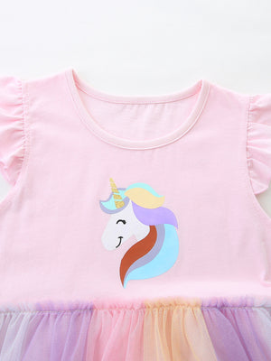 Pink cotton baby dress with unicorn graphic and ruffled sleeves, rainbow tulle skirt.