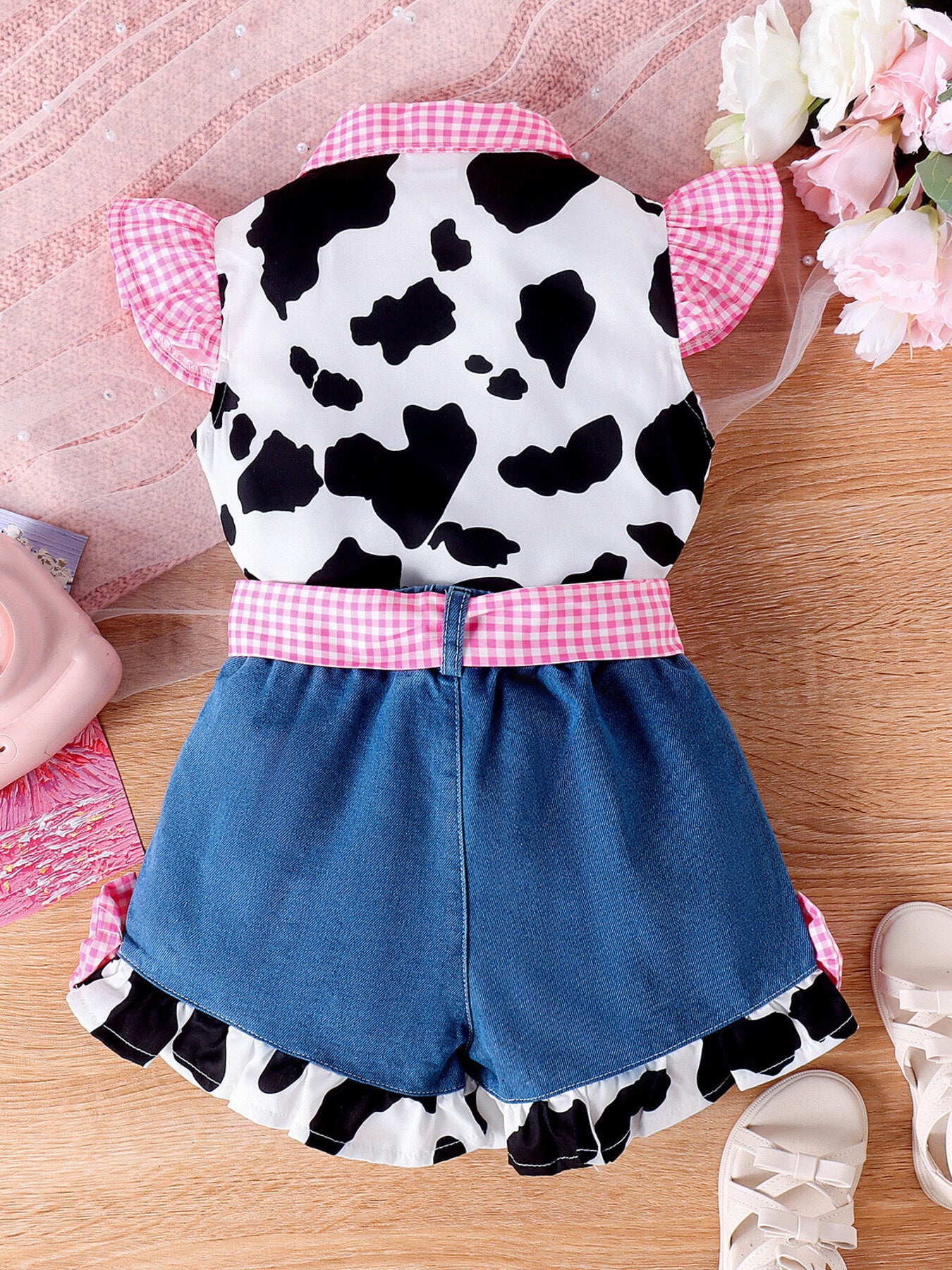 Baby girl cow print top with pink gingham trim and denim shorts.