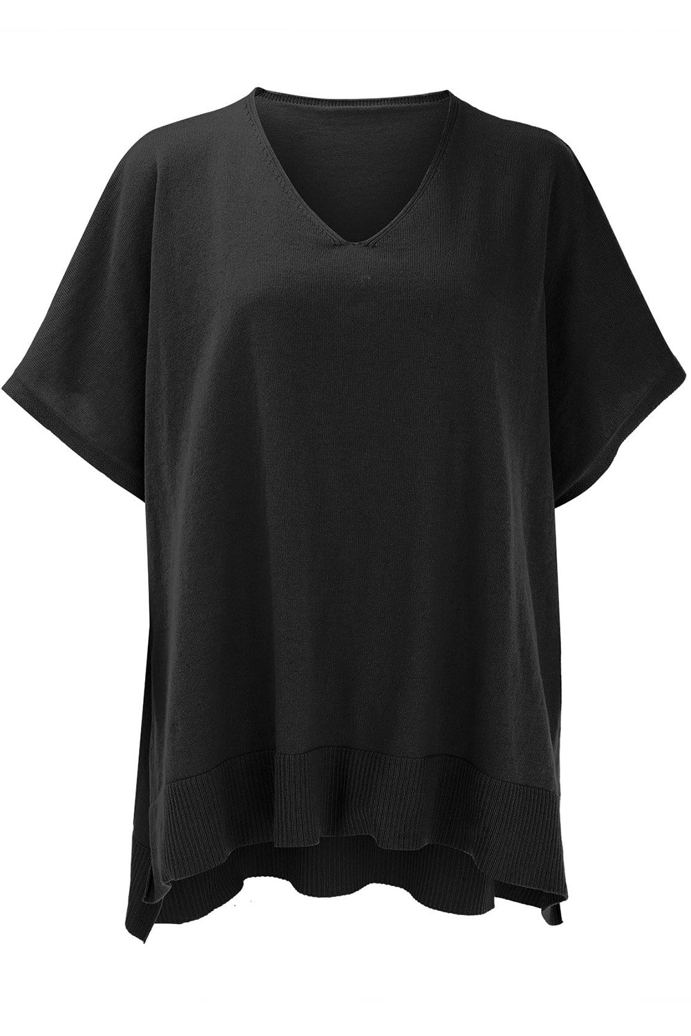 Black relaxed V-neck knit poncho top with short sleeves and ribbed hem