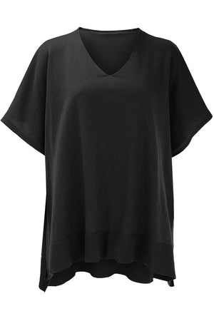 Black relaxed V-neck knit poncho top with short sleeves and ribbed hem