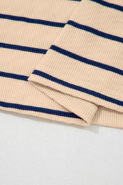 Ribbed mock neck t-shirt with navy stripes in cotton blend fabric.