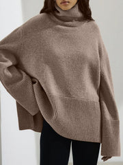 Mocha ribbed turtleneck sweater with flared sleeves and ribbed hem