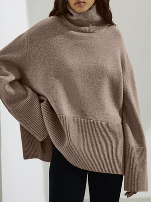 Mocha ribbed turtleneck sweater with flared sleeves and ribbed hem