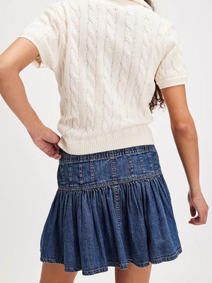 Denim ruffle mini skirt in light blue with smocked waist detail