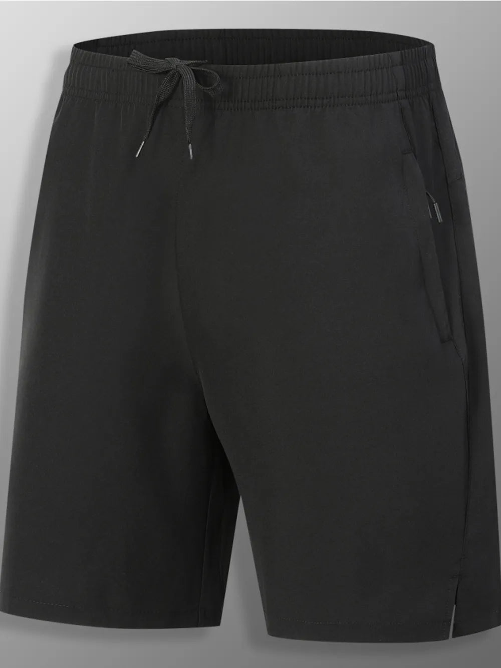Black quick-dry men's athletic jogger shorts with drawstring and zippered pocket.