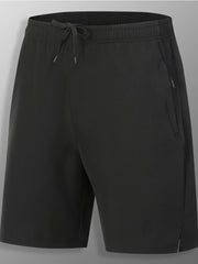 Black quick-dry men's athletic jogger shorts with drawstring and zippered pocket.