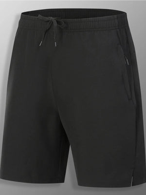 Black quick-dry men's athletic jogger shorts with drawstring and zippered pocket.