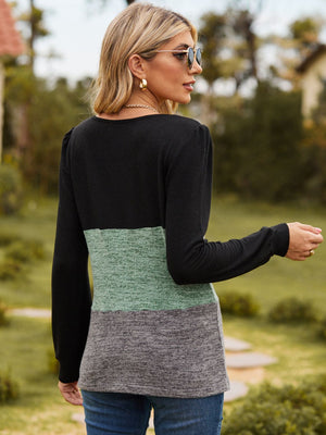 Blouson top with square neck, colorblock in black, gum leaf green, and gray.